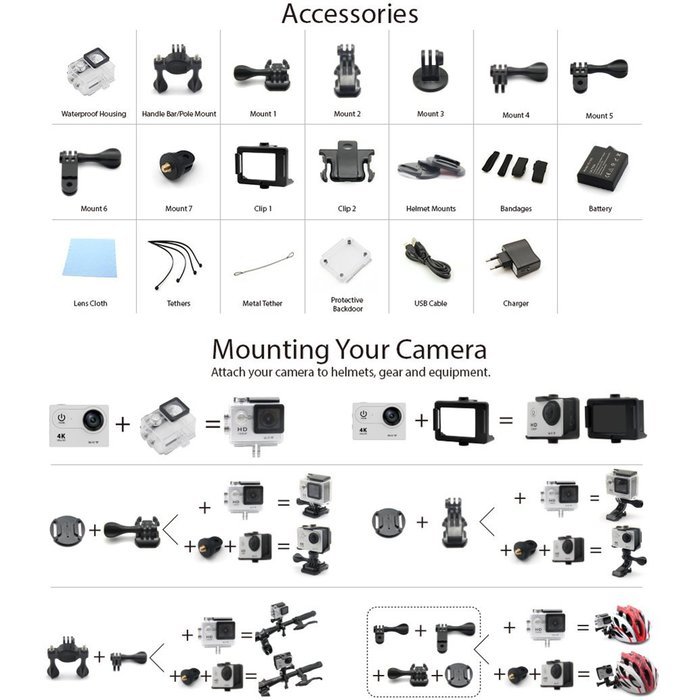 IWAWA Ultra HD 4K Wifi Waterproof Action Camera 4K1080P 170 Degree Wide Angle Lens N2