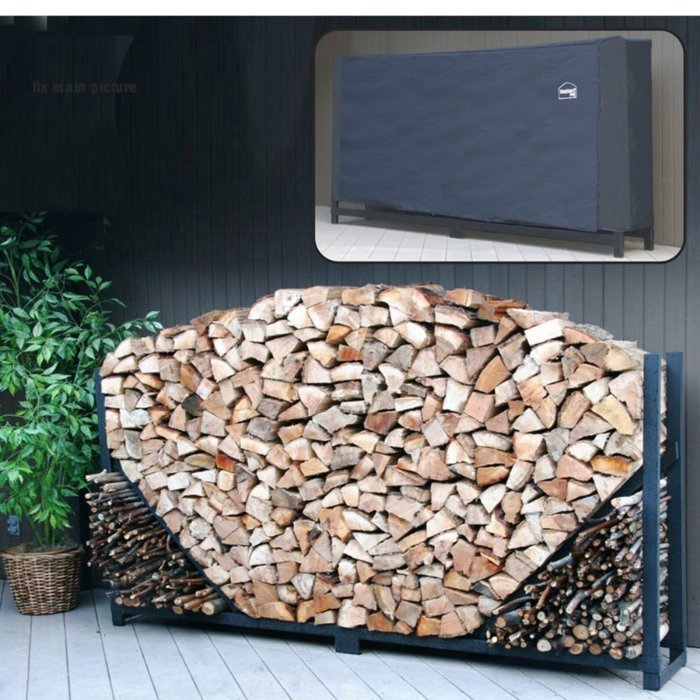 ShelterIt Straight Firewood Log Rack with Kindling Wood Holder and Waterproof Cover, 8', Black N2