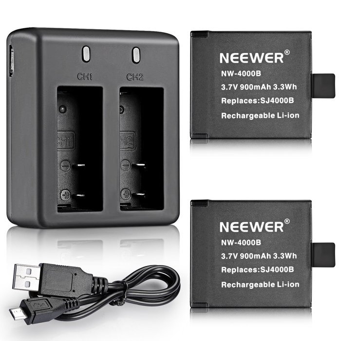 Neewer&reg; USB Dual Battery Charger with (2 Pack) 900mAh Replacement Battery for SJ4000/5000/6000/7000 of RioRand... N3