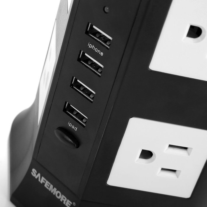 Safemore Smart 8-Outlet with 4-USB Output Power Strip (Black and White)