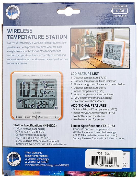 La Crosse Technology 308-179OR Wireless Temperature Station with Trends and Alerts N5