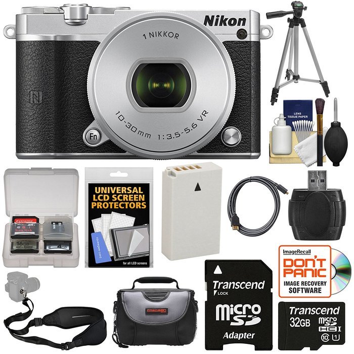 Nikon 1 J5 Wi-Fi Digital Camera & 10-30mm Lens (Silver) with 32GB Card + Battery + Strap + Case + Tripod + Kit