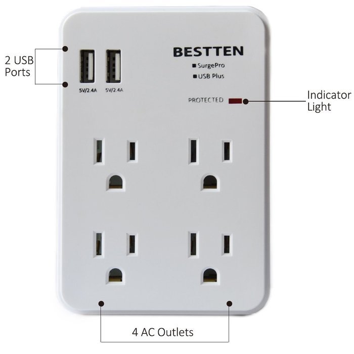 Bestten 3 Outlet Wall Mount Surge Protector with 2 USB Charging Ports (2.4A/Port, Total 3.1A) and Safety Covers... N2