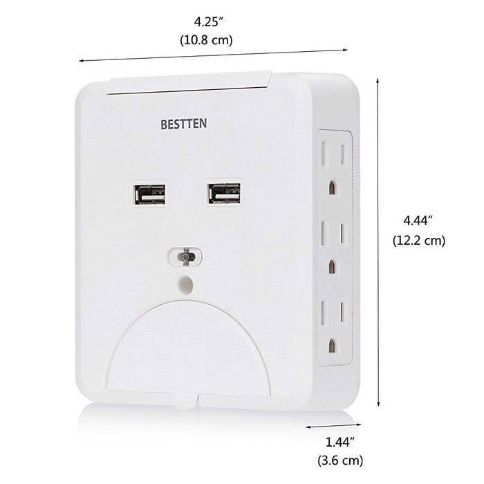 Bestten 3 Outlet Wall Mount Surge Protector with 2 USB Charging Ports (2.4A/Port, Total 3.1A) and Safety Covers... N3