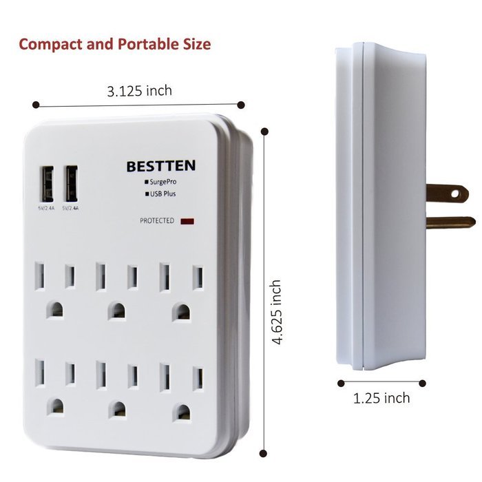 Bestten 3 Outlet Wall Mount Surge Protector with 2 USB Charging Ports (2.4A/Port, Total 3.1A) and Safety Covers... N4
