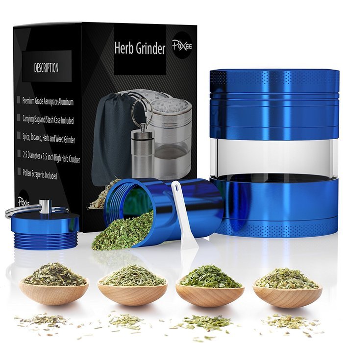 Weed, Herb and Tobacco Grinder - 4 Piece Aluminum Spice Crusher with Carrying Bag & Container - 3.25&rdquo; - Blue -... N7