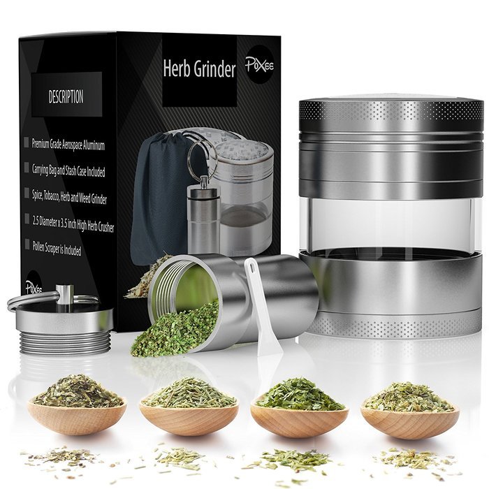 Weed, Herb and Tobacco Grinder - 4 Piece Aluminum Spice Crusher with Carrying Bag & Container - 3.25&rdquo; - Blue -... N9