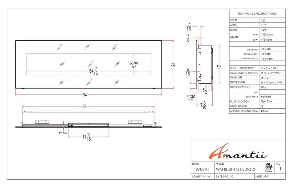 Amantii Advanced Series Wall Mount/Built-In Electric Fireplace with Coastal Blue Steel Surround, 58 Inch N6