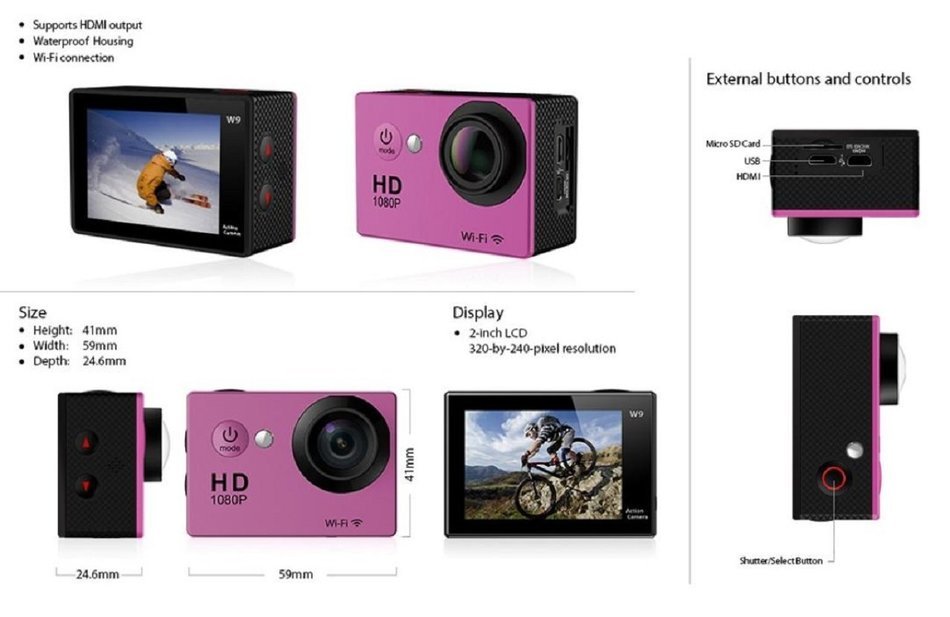 Action Camera, TONSEE W9 2.0 Inch WiFi Ultra HD 4K Sport Action Camera Waterproof -- Hot Pink N2