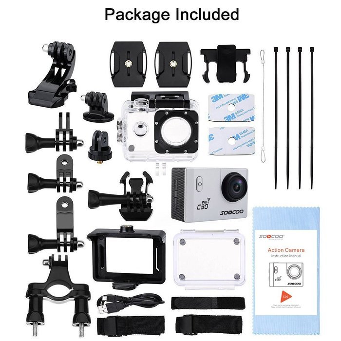 Sports Camera, SOOCOO 4K Action Camera 20MP 2.0 Inch Waterproof Diving Camera with 2 Batteries and 19 Accessories...