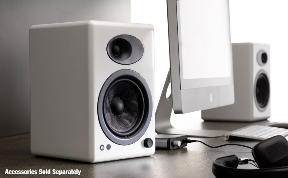 Audioengine A5+ Limited Edition Premium Powered Desktop Speaker Package (White) With B1 Bluetooth Music Receiver