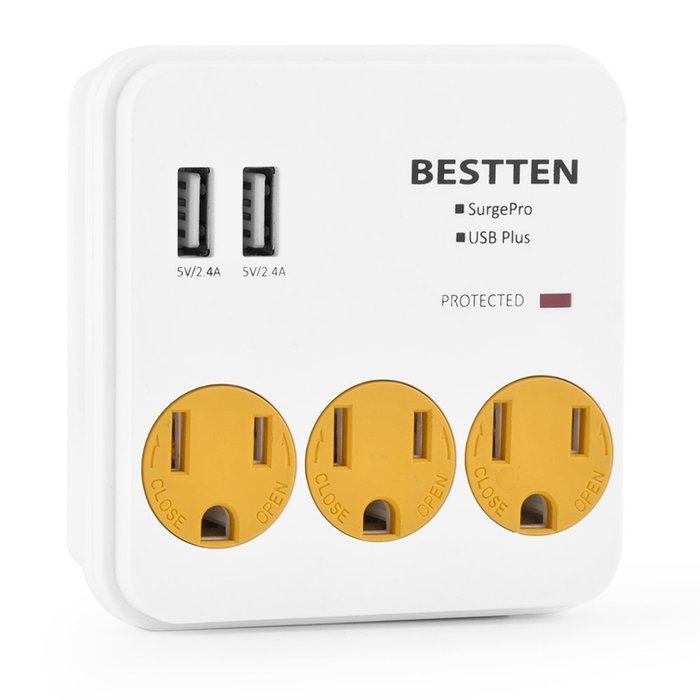 Bestten 3 Outlet Wall Mount Surge Protector with 2 USB Charging Ports (2.4A/Port, Total 3.1A) and Safety Covers... N5