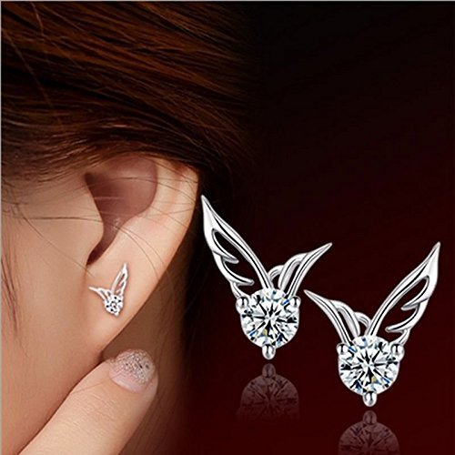 Sweet Earrings Silver Plated Jewelry Angel Wings Crystal Ear Studs As Gift New