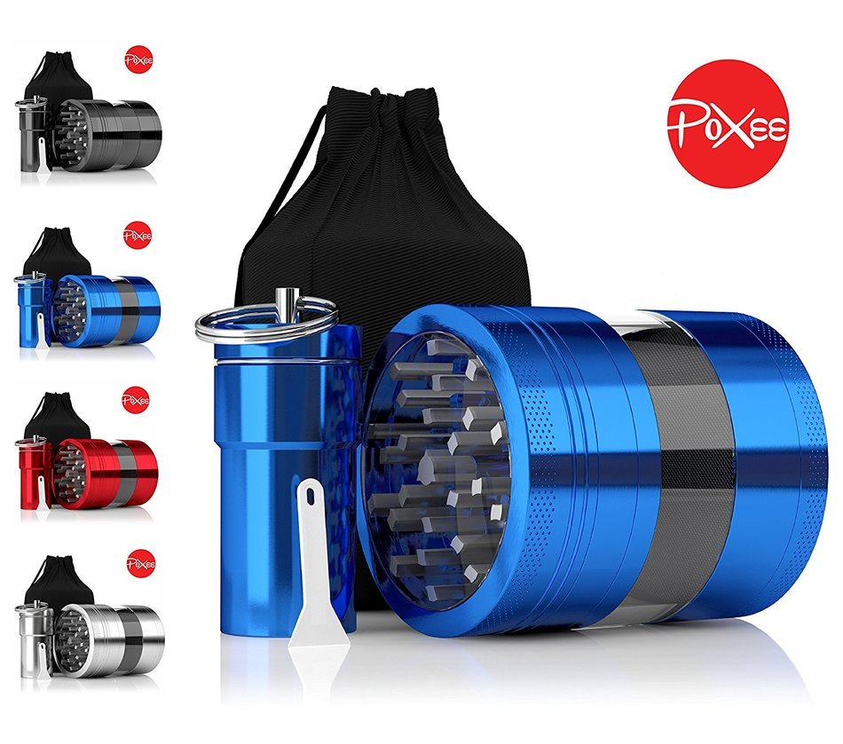 Weed, Herb and Tobacco Grinder - 4 Piece Aluminum Spice Crusher with Carrying Bag & Container - 3.25&rdquo; - Blue -... N10