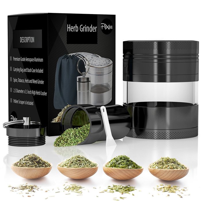 Weed, Herb and Tobacco Grinder - 4 Piece Aluminum Spice Crusher with Carrying Bag & Container - 3.25&rdquo; - Blue -... N12