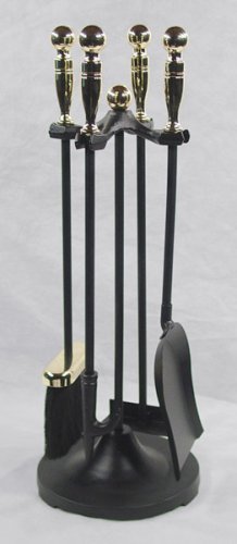 "MINI" Miniature Colonial Fireplace Hearth Woodstove Tool Set with Classic Ball Handles - BRASS on BLACK N3