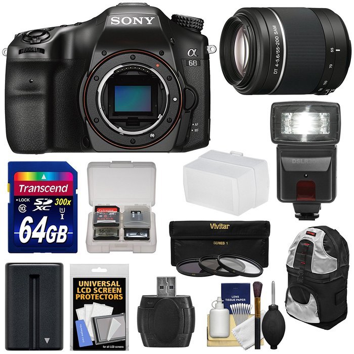 Sony Alpha A68 Digital SLR Camera Body with 55-200mm DT Lens + 64GB Card + Battery + Backpack + Flash + Diffuser...