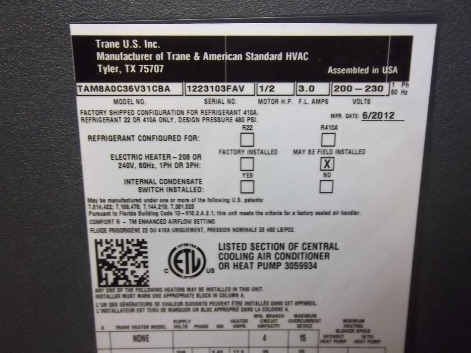 AMERICAN STANDARD New Central Air Conditioner Air Handler TAM8A0C36V31CC ACC-7089