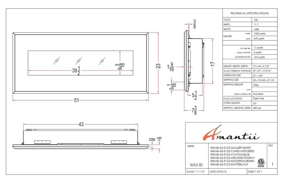 Amantii Advanced Series Wall Mount/Built-In Electric Fireplace with Coastal Blue Steel Surround, 58 Inch N19