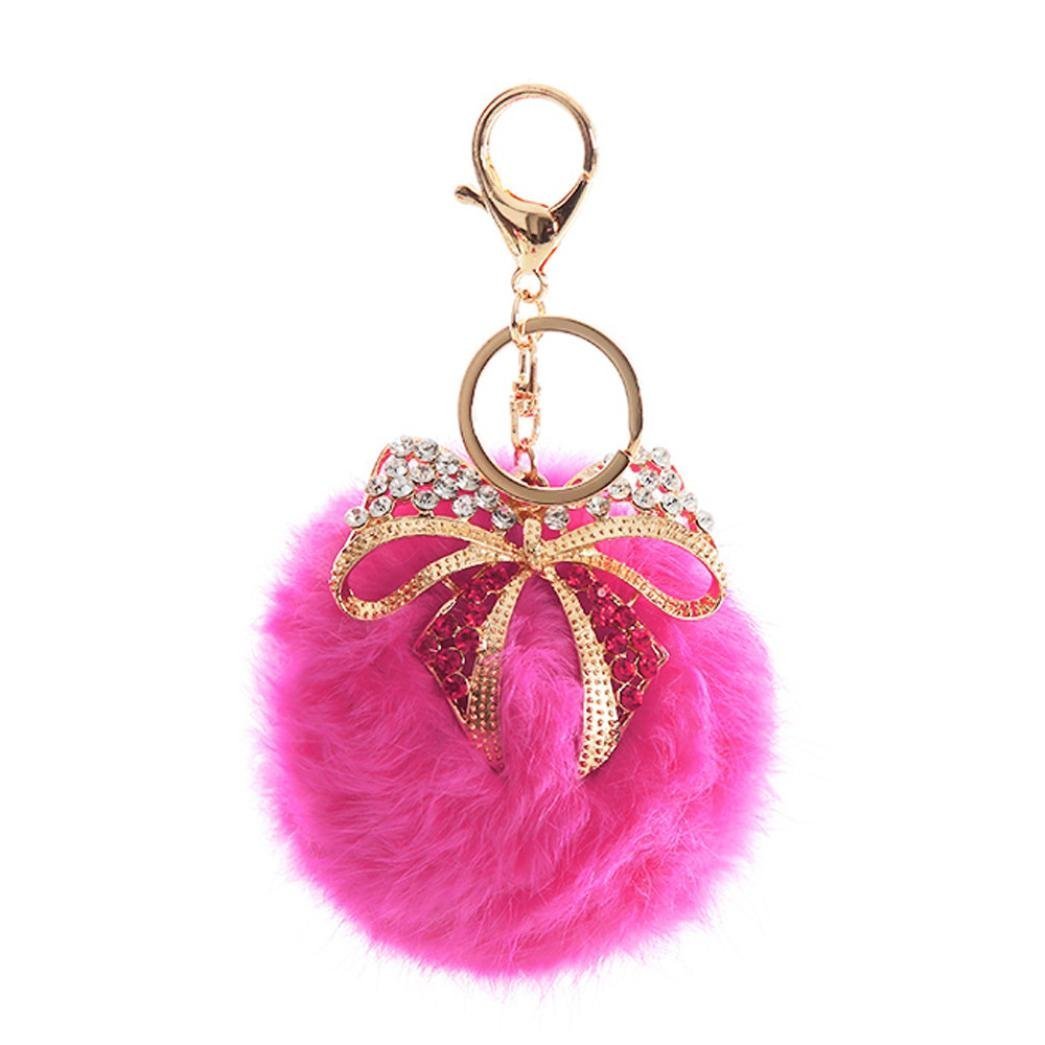 AutumnFall Rabbit Fur Ball Bow Rhinestone Keychain Bag Plush Key Ring ...