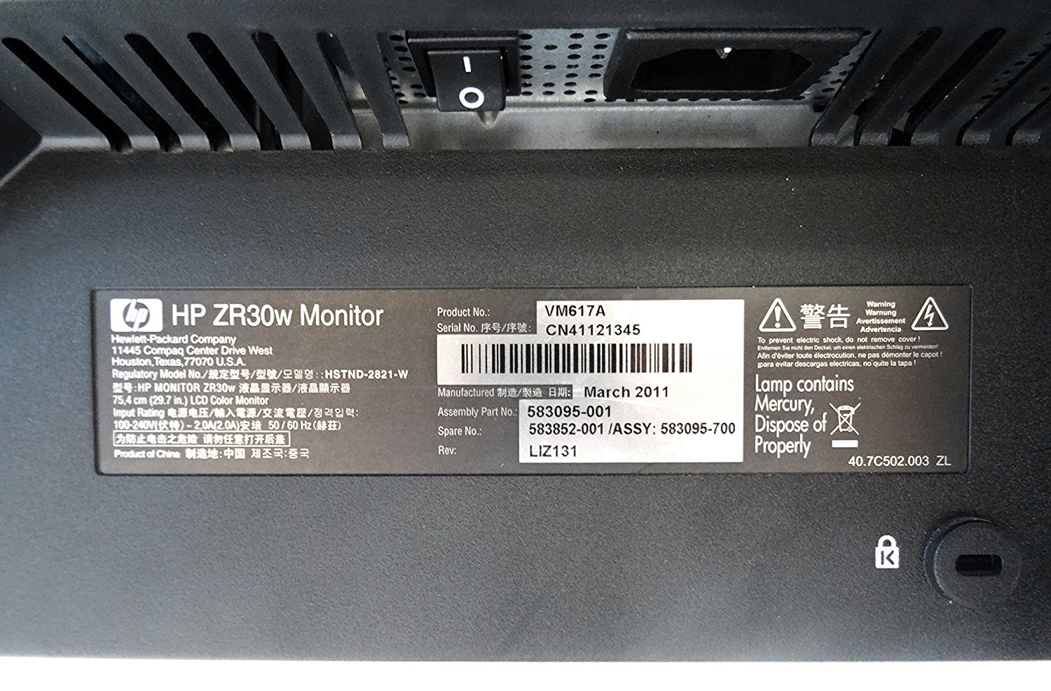 HP ZR30w 30" Widescreen LCD Monitor SIPS 2560 x 1600p 60Hz 2K