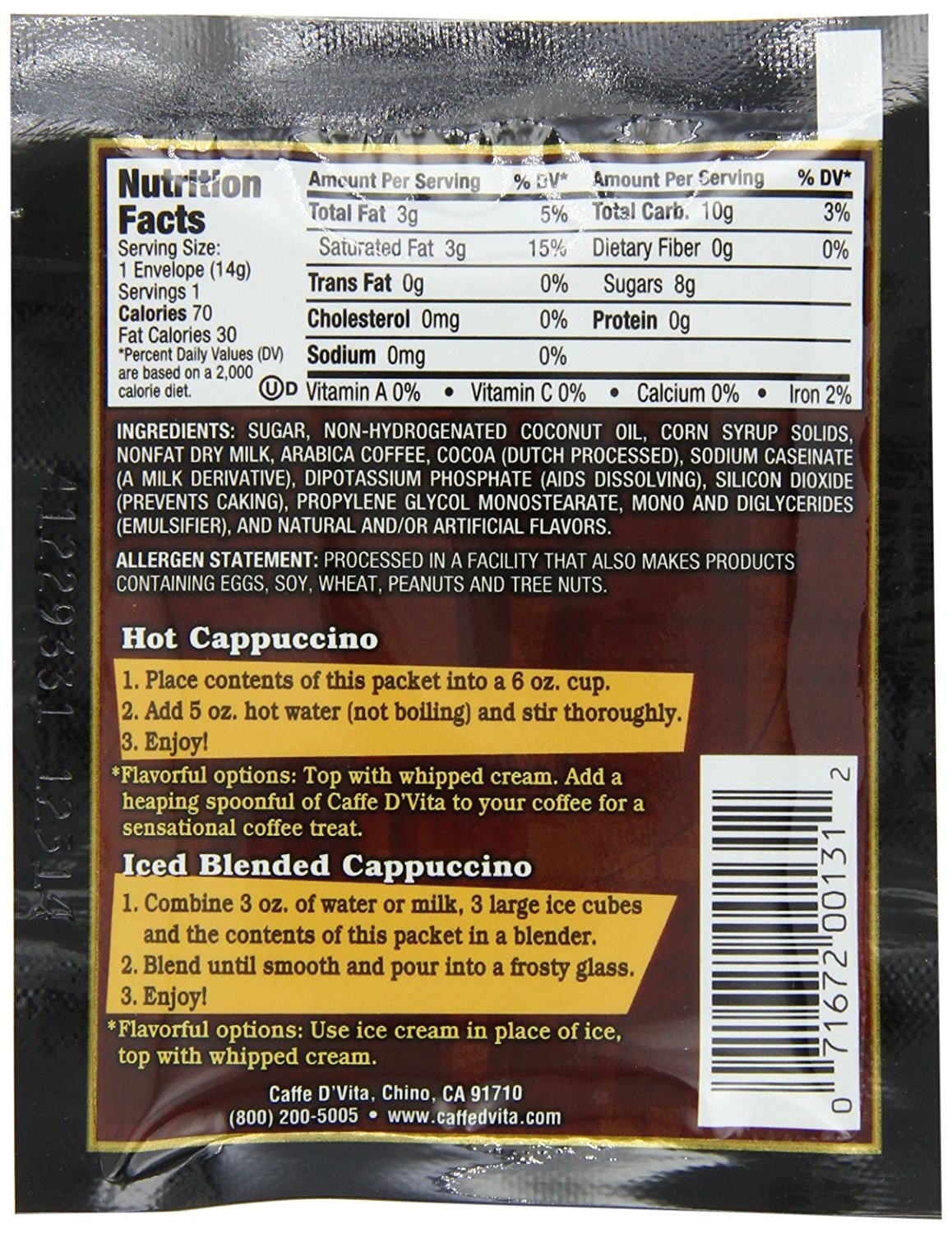 Caffe D Vita Mocha Cappuccino Sugar Free 7 5 Gram Single Serve 