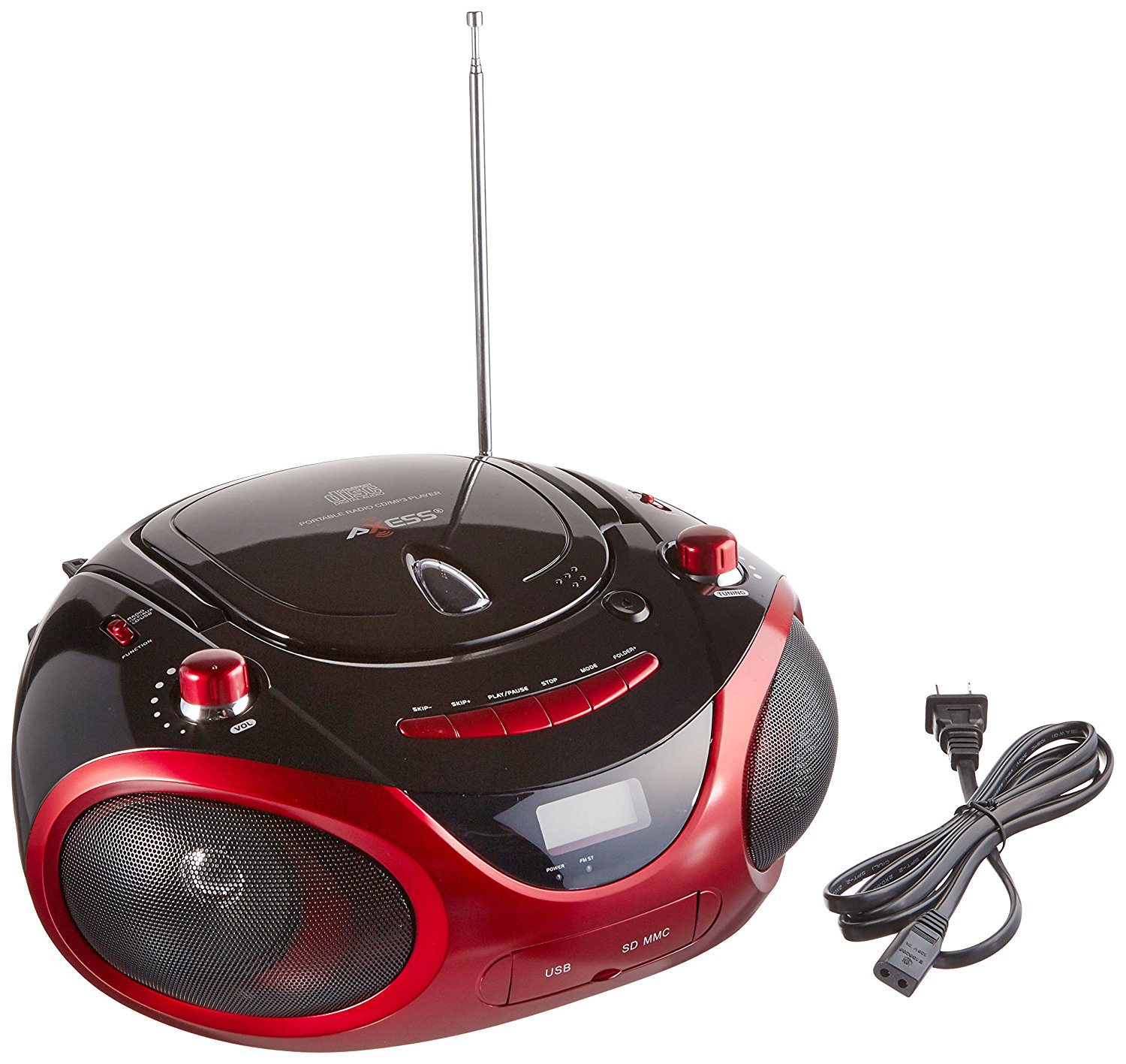 Axess Pb2703 Rd Portable Mp3cd Boombox With Amfm Stereo Usb Sd Mmc And Aux Inputs Red 0600