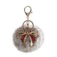 AutumnFall Rabbit Fur Ball Bow Rhinestone Keychain Bag Plush Key Ring Car Key Pendant (Gray) N5
