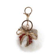AutumnFall Rabbit Fur Ball Bow Rhinestone Keychain Bag Plush Key Ring Car Key Pendant (Gray) N6