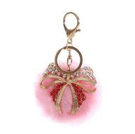 AutumnFall Rabbit Fur Ball Bow Rhinestone Keychain Bag Plush Key Ring Car Key Pendant (Gray) N7