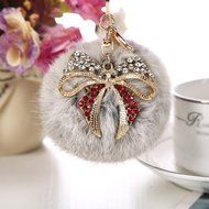 AutumnFall Rabbit Fur Ball Bow Rhinestone Keychain Bag Plush Key Ring Car Key Pendant (Gray) N8
