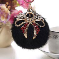 AutumnFall Rabbit Fur Ball Bow Rhinestone Keychain Bag Plush Key Ring Car Key Pendant (Gray) N9