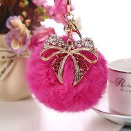 AutumnFall Rabbit Fur Ball Bow Rhinestone Keychain Bag Plush Key Ring Car Key Pendant (Gray) N10