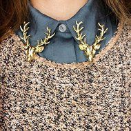 1x Gold Elk Milu Head Horn Red Deer Hunting Collar Neck Tips Brooch Pin Scottish N4