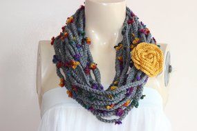 Charcoal Gray Infinity Scarf -Grey Crochet Necklace-Chain crochet scarf with Mustard Flower Pin
