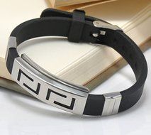 Men's Black Punk Rubber Stainless Steel Wristband Clasp Cuff Bangle Bracelet New N6