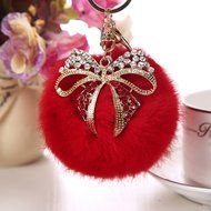 AutumnFall Rabbit Fur Ball Bow Rhinestone Keychain Bag Plush Key Ring Car Key Pendant (Gray) N12