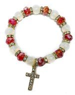 Gold Glass Beads Stretchable Bracelet Red Crystals &amp; Zircons Cross Jerusalem