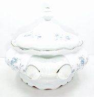 Bavaria Casserole Bowl with Lid,white,blue Flowers,silver Trim,side Handles N3