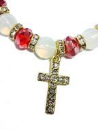 Gold Glass Beads Stretchable Bracelet Red Crystals &amp; Zircons Cross Jerusalem N2