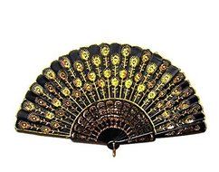 Eamall Beautiful Lady&#039;s Silk Hand Fan with Green Sequins Peacock Pattern fans (Red)