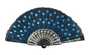 Eamall Beautiful Lady&#039;s Silk Hand Fan with Green Sequins Peacock Pattern fans (Red) N2
