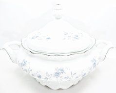Bavaria Casserole Bowl with Lid,white,blue Flowers,silver Trim,side Handles N6