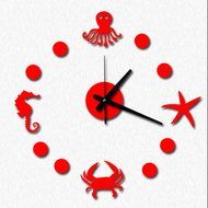 MuLuo DIY Mediterranean Starfish Hippocampus Wall Clock 3D Wall Stickers Watches Home Decor red