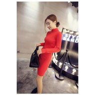Spritech(TM) Fashion Women Basic Slim Turtleneck Knit Stretchable Long Sleeve Slim Fit Sweater Dress Red N8