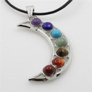 Natural Gemstones Healing Reiki 7 Chakra Moon Cross Charm Beads Pendant Necklace N7