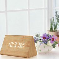 Digital Wood Clock Sound Activated LED Alarm Clock Multi-function Display with Temperature and Humidity (Black-white) N13