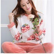 KAKA(TM) Womens Girls' Warm Lovely Winter Home Soft Cartoon Flannel Pajamas Sets Pink Flower XL N11