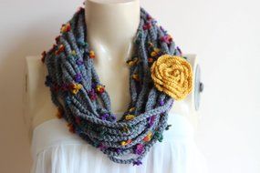 Charcoal Gray Infinity Scarf -Grey Crochet Necklace-Chain crochet scarf with Mustard Flower Pin N2