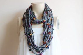Charcoal Gray Infinity Scarf -Grey Crochet Necklace-Chain crochet scarf with Mustard Flower Pin N3
